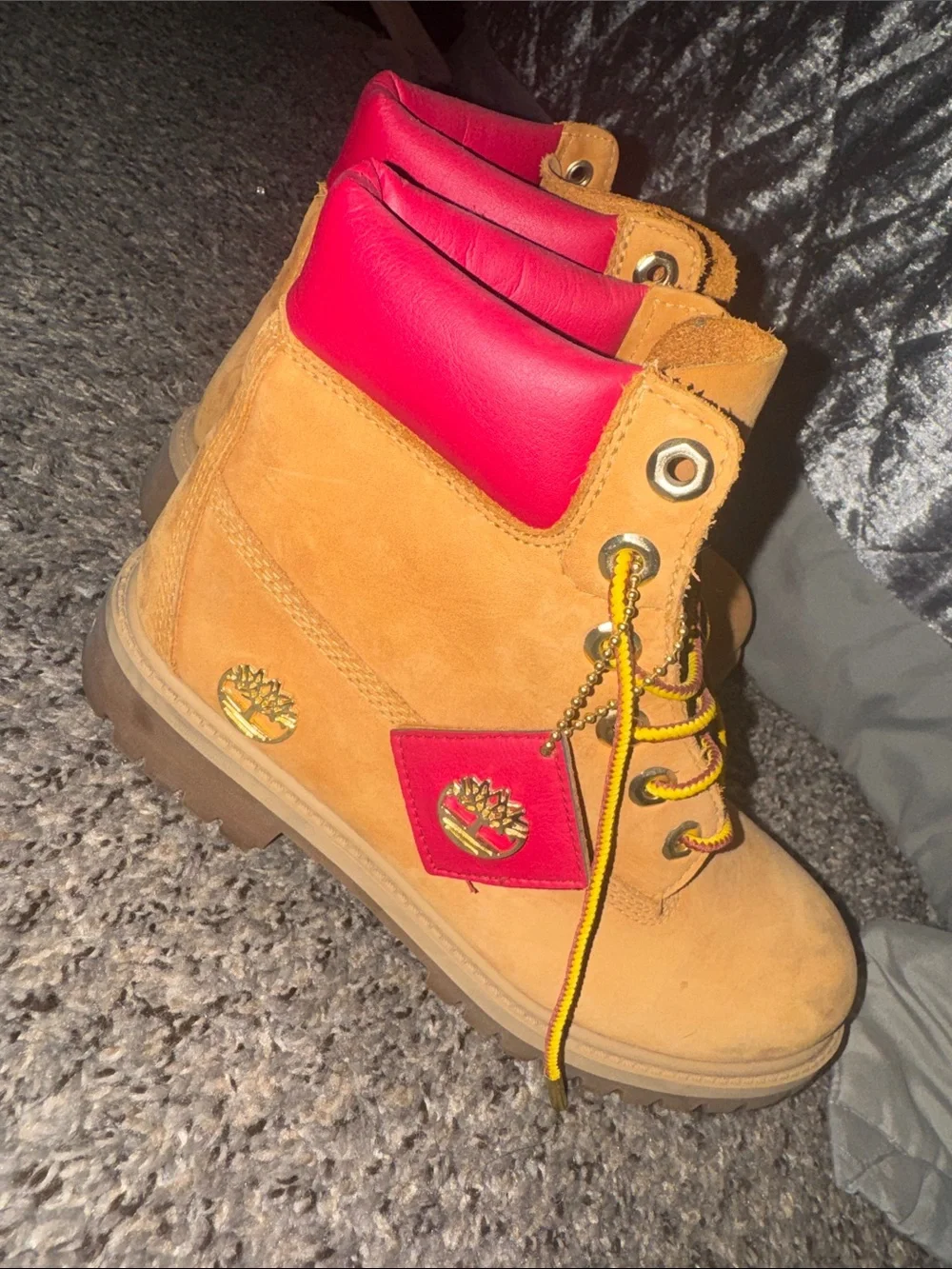 Timberland Wheat and Red Leather Lace-Up Boots